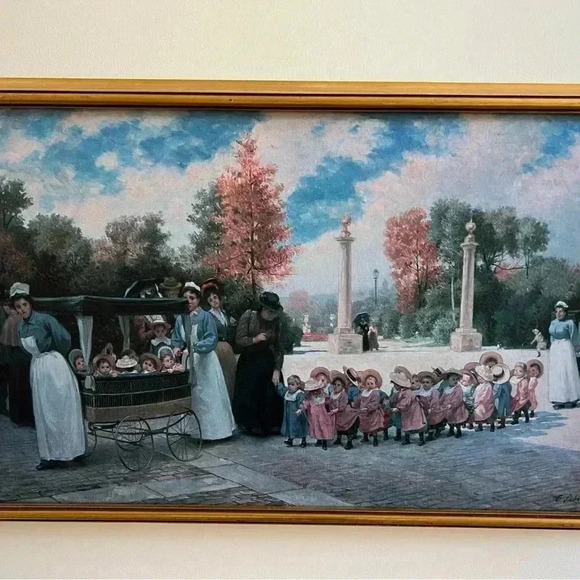 French Canvas Promenade Des Enfants Art by Timoleon Marie Lobrichon Gold Frame - Picture 7 of 16